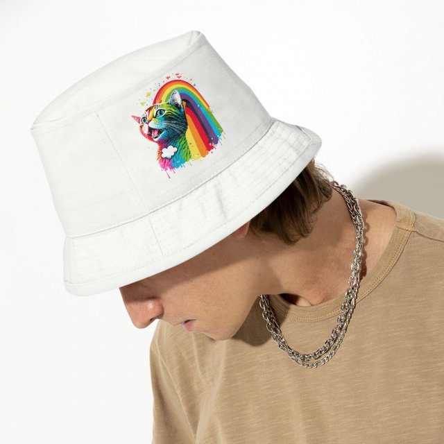 Rainbow Cat Bucket Hat - Colorful Hat - Cute Design Bucket Hat - Image 4