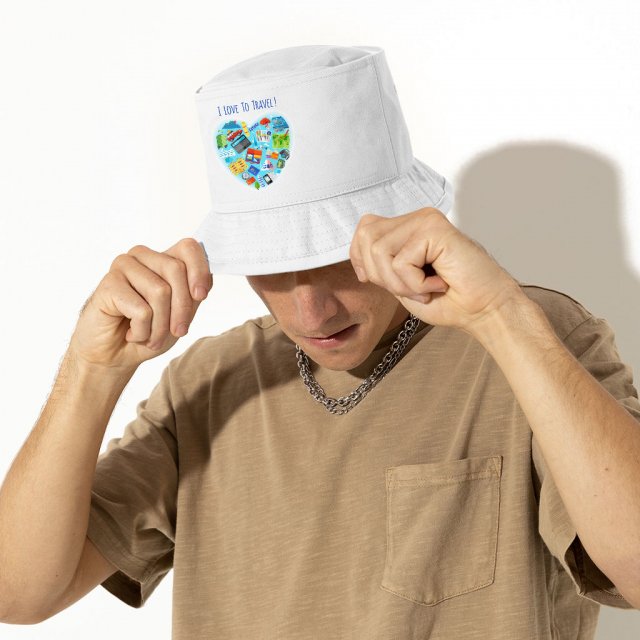 I Love to Travel Bucket Hat – Heart Hat – Colorful Bucket Hat