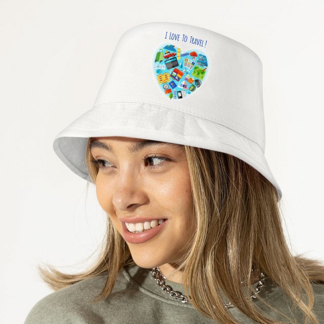 I Love to Travel Bucket Hat – Heart Hat – Colorful Bucket Hat