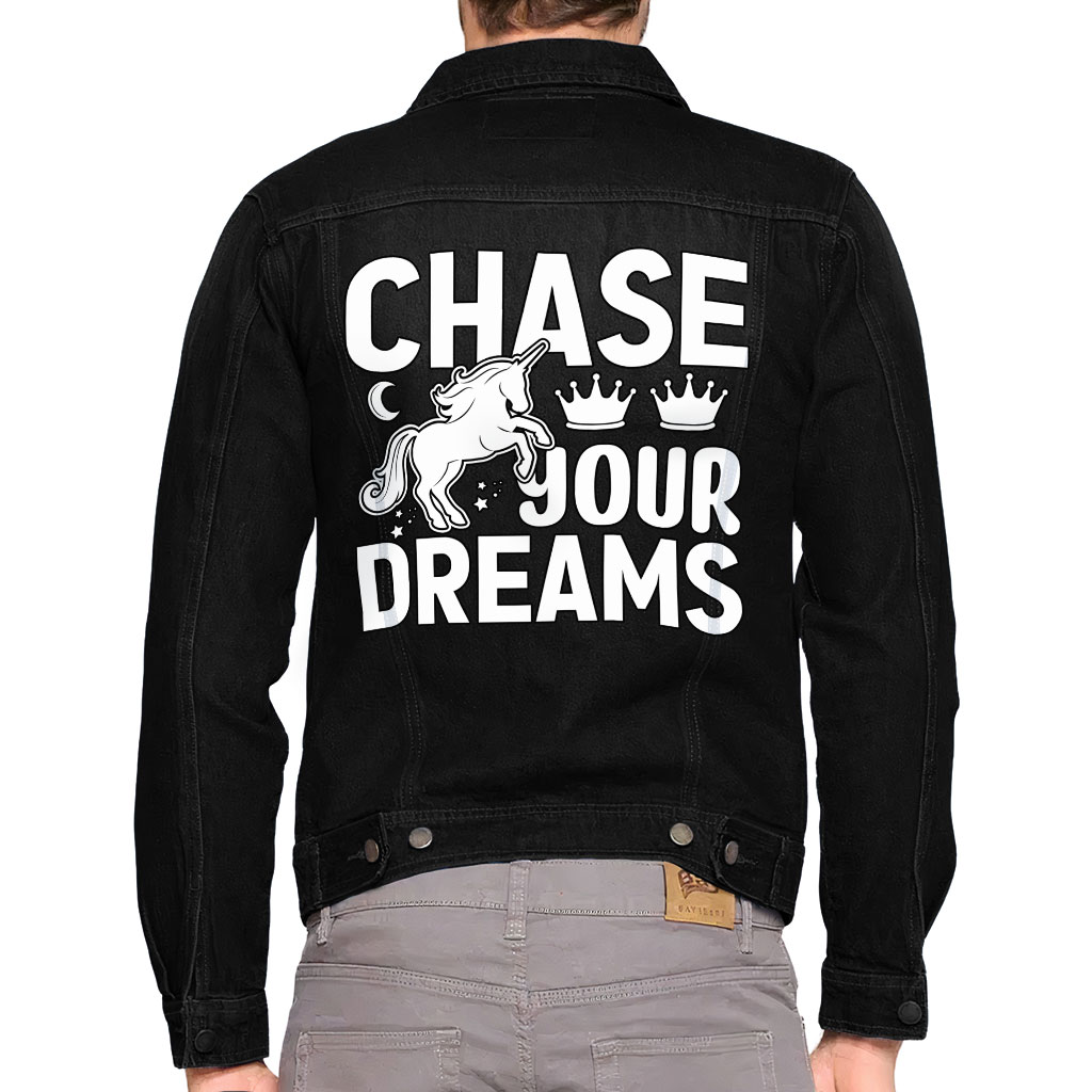 Chase Your Dreams Dark Washed Men's Denim Jacket - Funny Denim Jacket ...