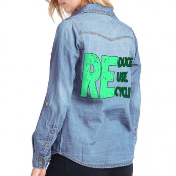 Reduce Reuse Recycle Women's Long Sleeve Denim Shirt - Eco Friendly Ladies Denim Shirt - Best Print Denim Shirt