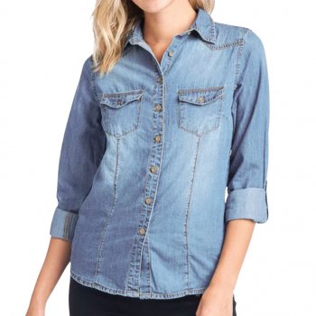 Reduce Reuse Recycle Women's Long Sleeve Denim Shirt - Eco Friendly Ladies Denim Shirt - Best Print Denim Shirt
