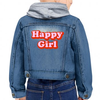 Happy Girl Toddler Hooded Denim Jacket - Graphic Jean Jacket - Cute Design Denim Jacket for Kids
