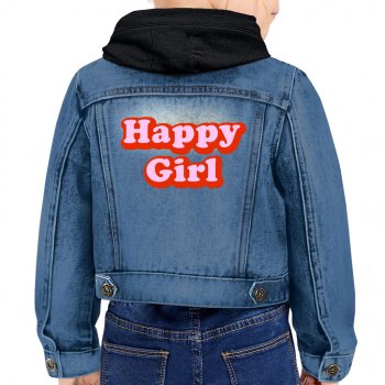 Happy Girl Toddler Hooded Denim Jacket - Graphic Jean Jacket - Cute Design Denim Jacket for Kids