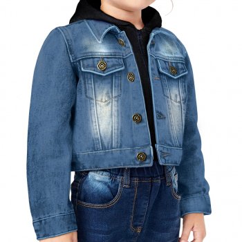 Happy Girl Toddler Hooded Denim Jacket - Graphic Jean Jacket - Cute Design Denim Jacket for Kids