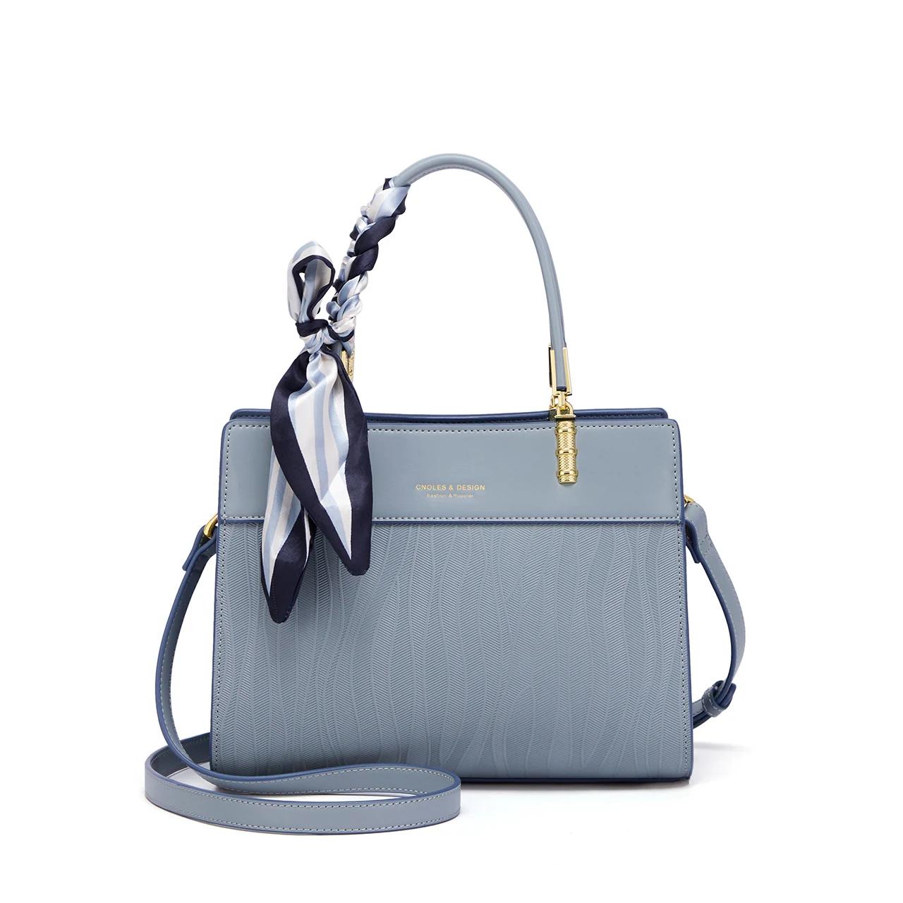 Elegant Blue Leather Tote Bag with Scarf – Large Capacity Shoulder Handbag 2