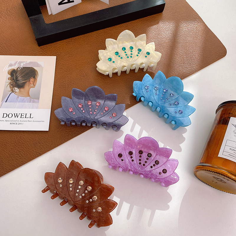 Rhinestone Lotus Flower Hair Claw – Korean Style Acetate Hair Clip view 2