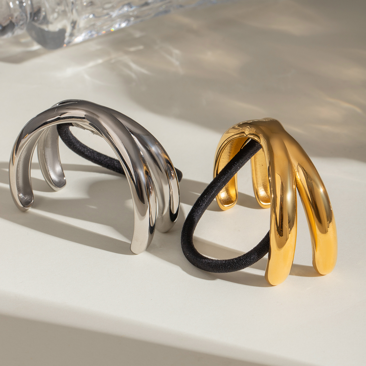 18K Gold Plated Geometric Cross Hair Tie with Black Rubber Band view 2