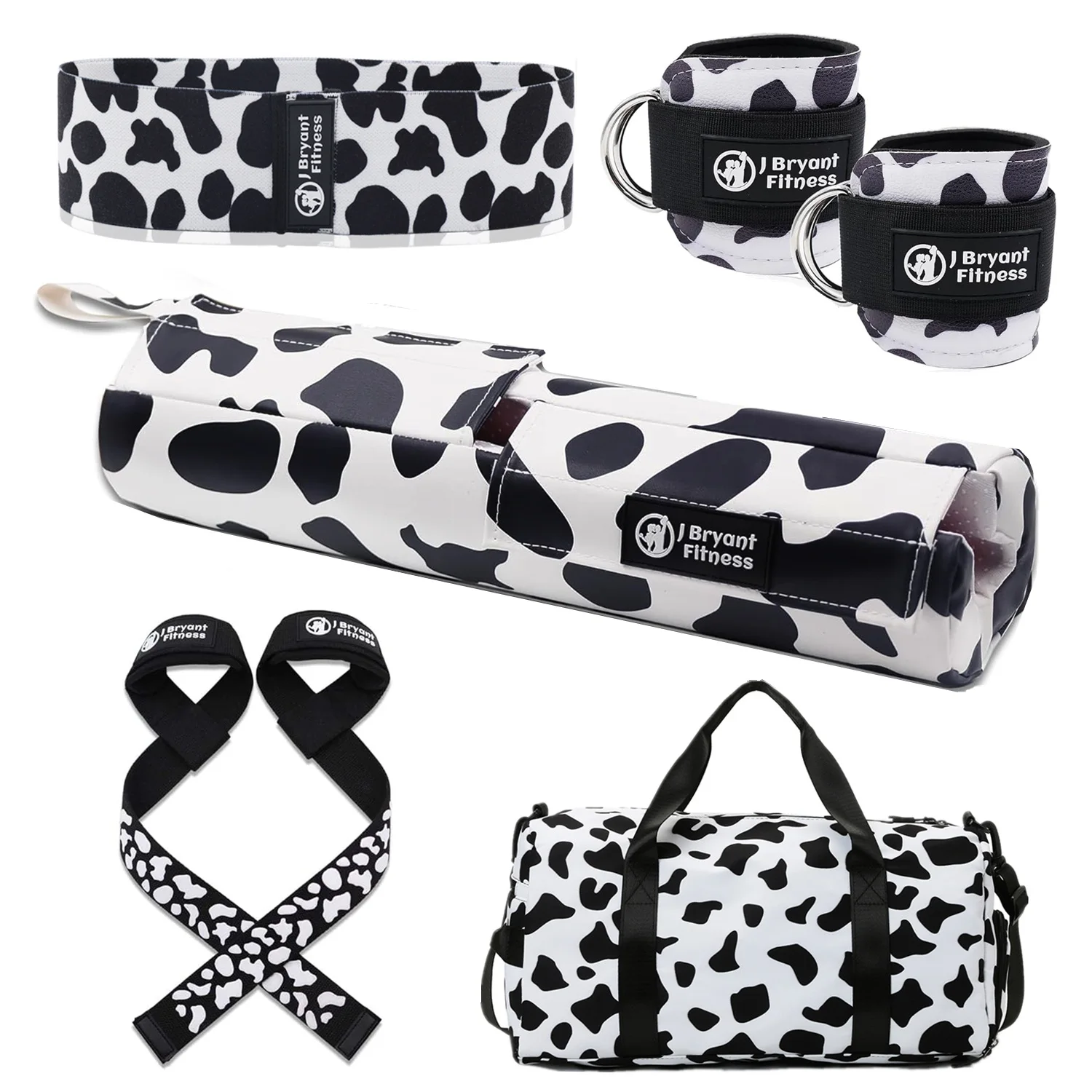 Barbell Pad & Gym Accessories Set – Cow Print, Ankle Straps, Wrist Straps & Hip Band