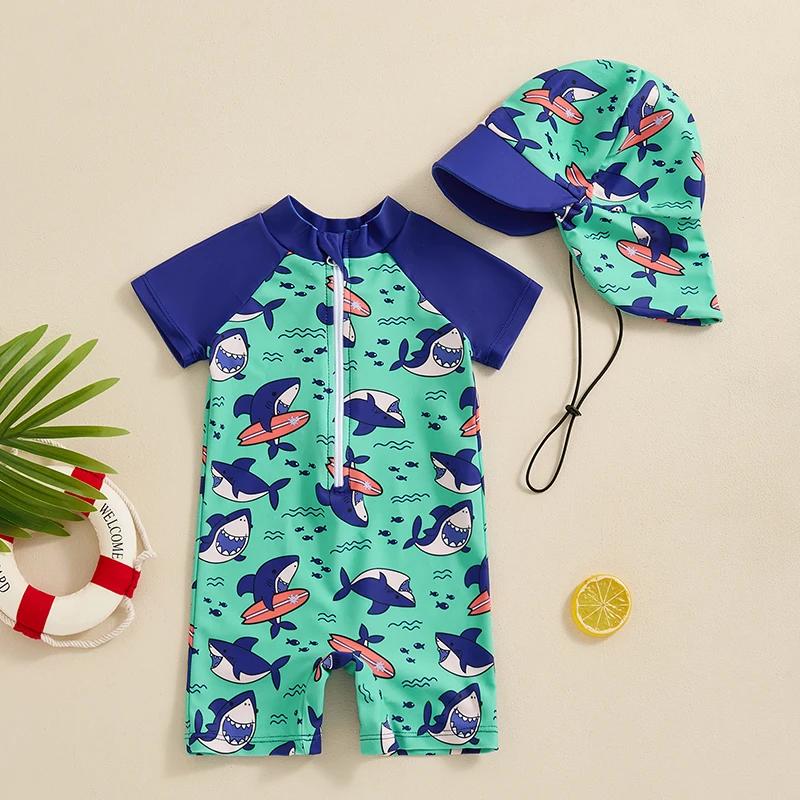 Baby Boy Zip-Up Rash Guard Swimsuit with Sun Hat - Image 6