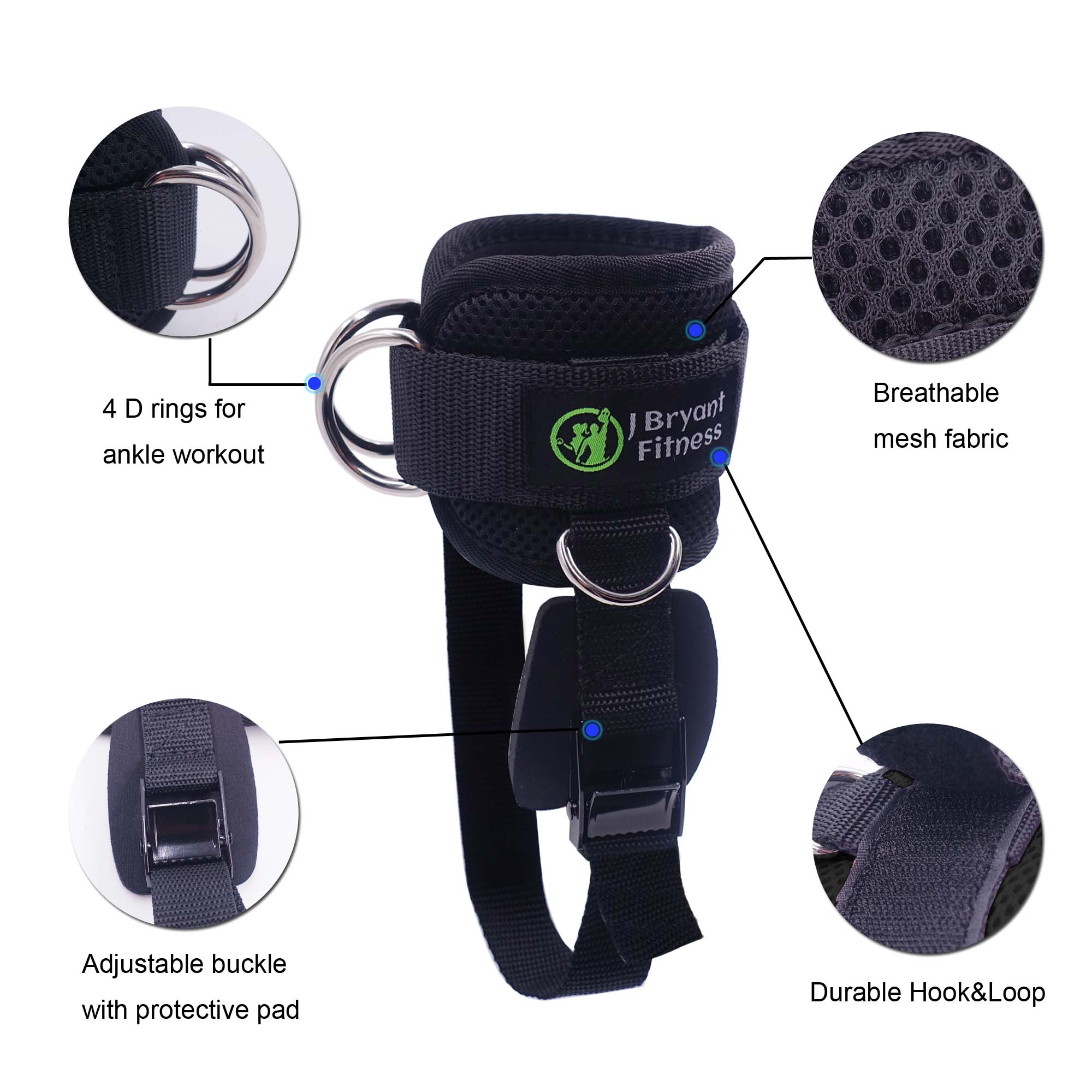 Adjustable Ankle Straps with 4 D-Rings for Cable Machines, Glute & Leg Training - Image 6