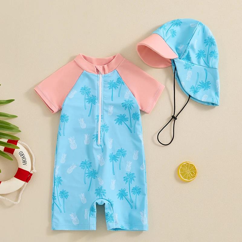 Baby Boy Zip-Up Rash Guard Swimsuit with Sun Hat - Image 3