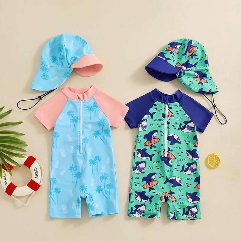 Baby Boy Zip-Up Rash Guard Swimsuit with Sun Hat - Image 2