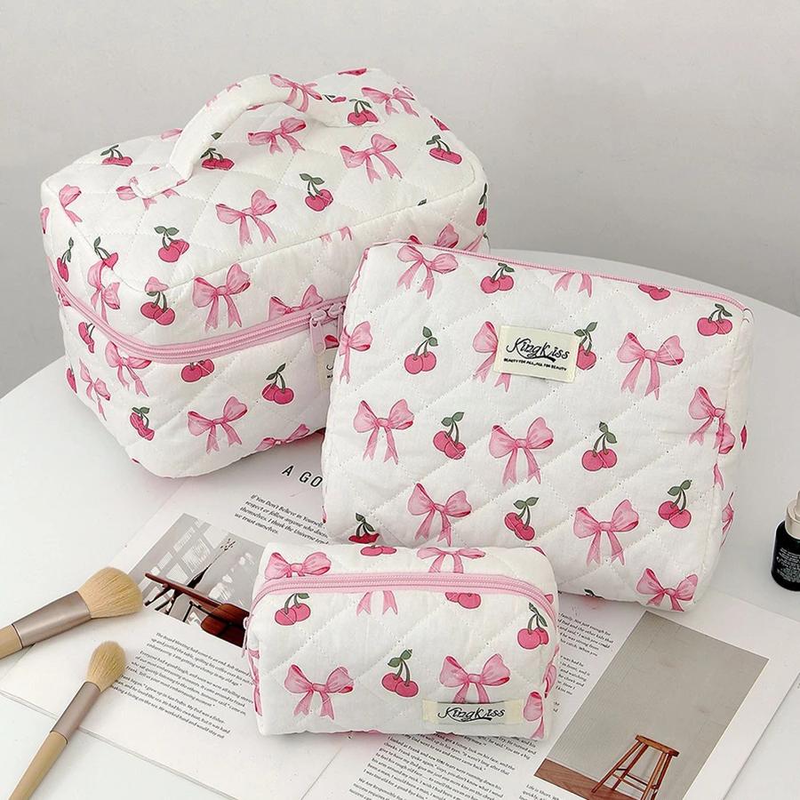 Cherry Bow Quilted Makeup & Toiletry Bag view 2