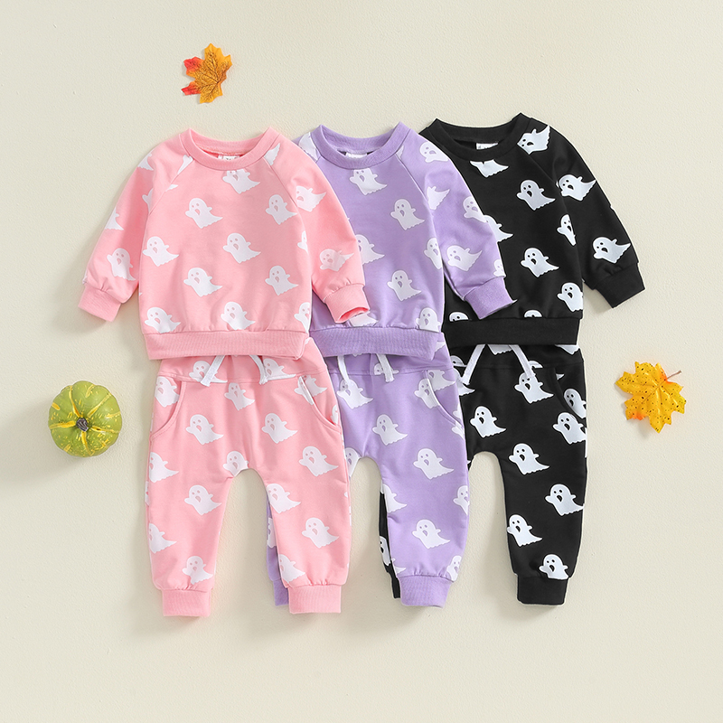 Toddler Halloween Ghost Print Outfit 2Pcs Long Sleeve Sweatshirt and Pants