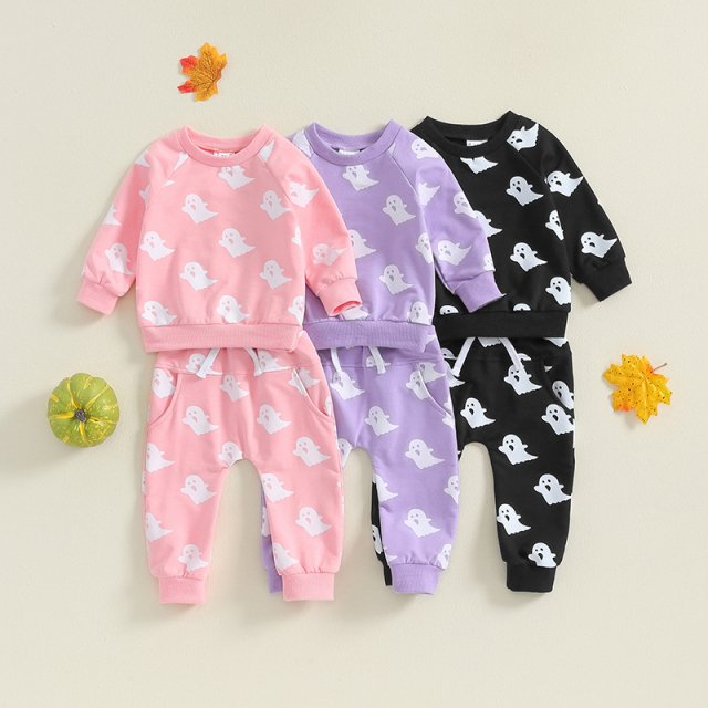 Toddler Halloween Ghost Print Outfit 2Pcs Long Sleeve Sweatshirt and Pants