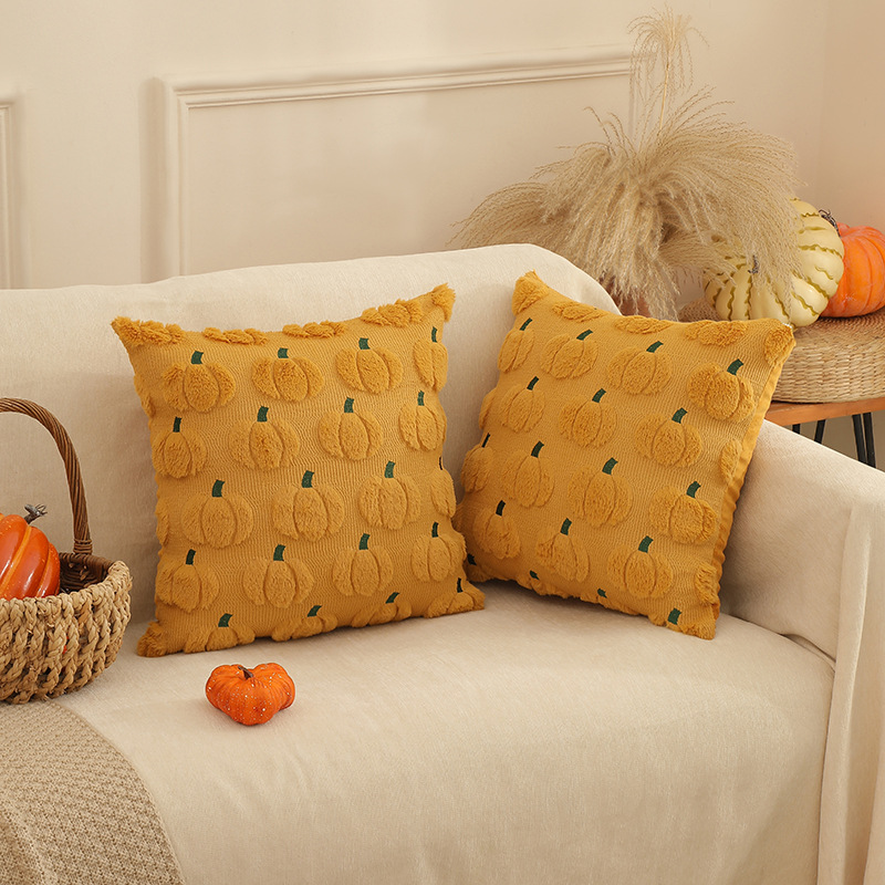 Autumn Pumpkin Embroidered Plush Cushion Covers Set of 2 – 18x18 Inch - Image 4