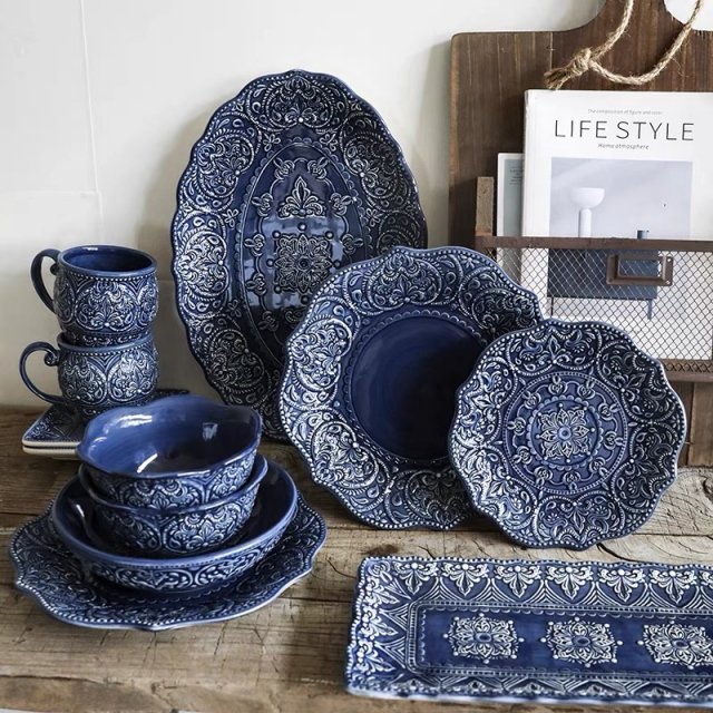 Blue Retro Ceramic Dinnerware Set - Porcelain Plates, Bowls & Cups