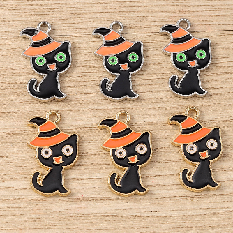Halloween Cat Charms Pendants 10pcs 14x24mm Enamel