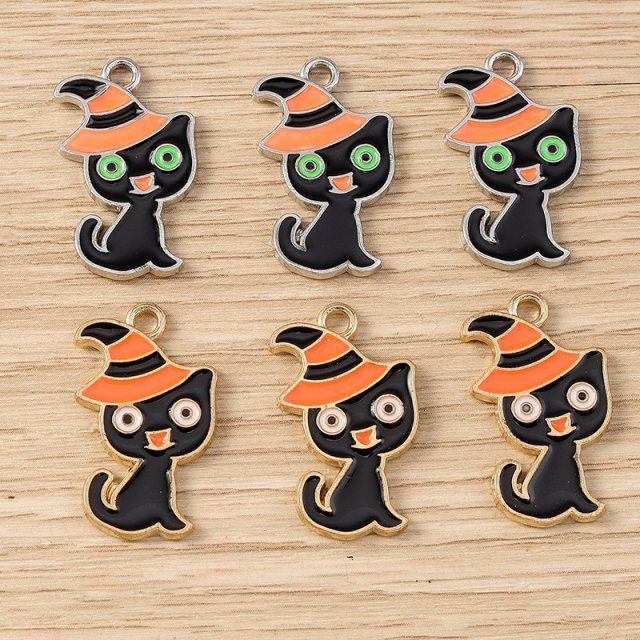 Halloween Cat Charms Pendants 10pcs 14x24mm Enamel