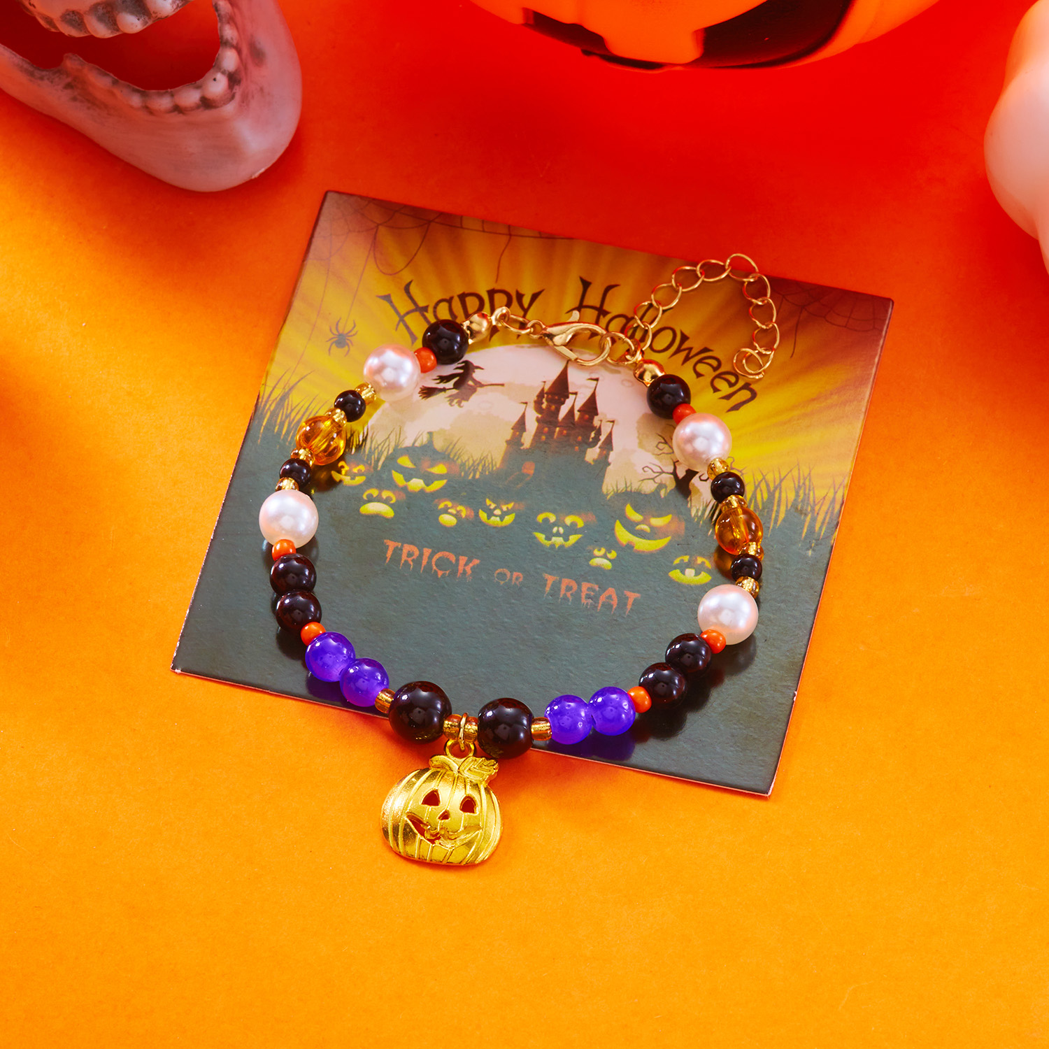 Halloween Witch & Pumpkin Crystal Bead Bracelet - Image 5