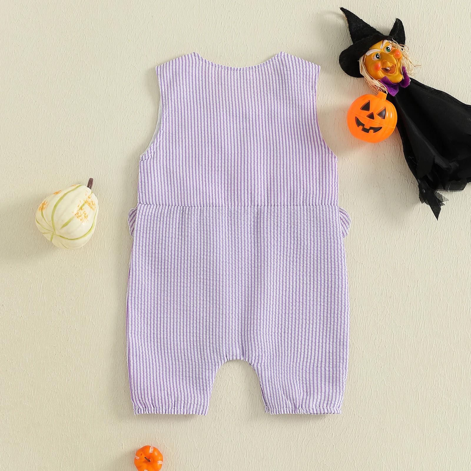 Baby Girl Halloween Witch Hat Embroidered Striped Jumpsuit Romper - Image 2