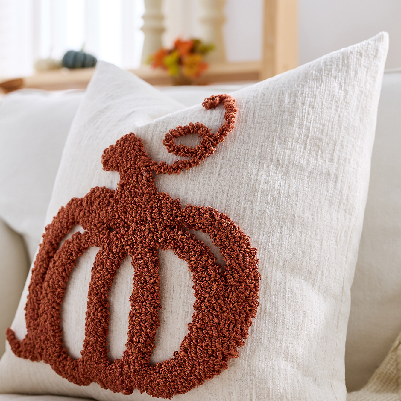 Pumpkin Tufted Chenille Throw Pillow Cover 18x18” – Autumn Harvest Cushion - Image 4