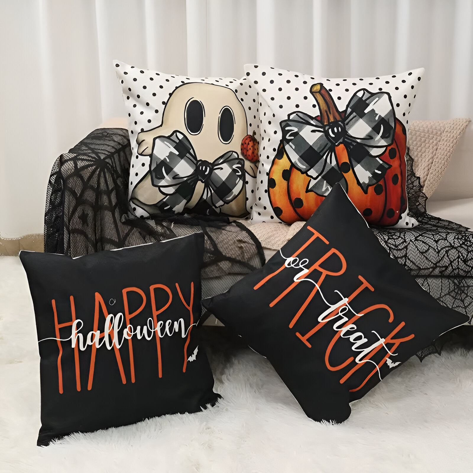 4pcs Halloween Pillow Covers with Ghost, Skeleton & Trick or Treat Designs