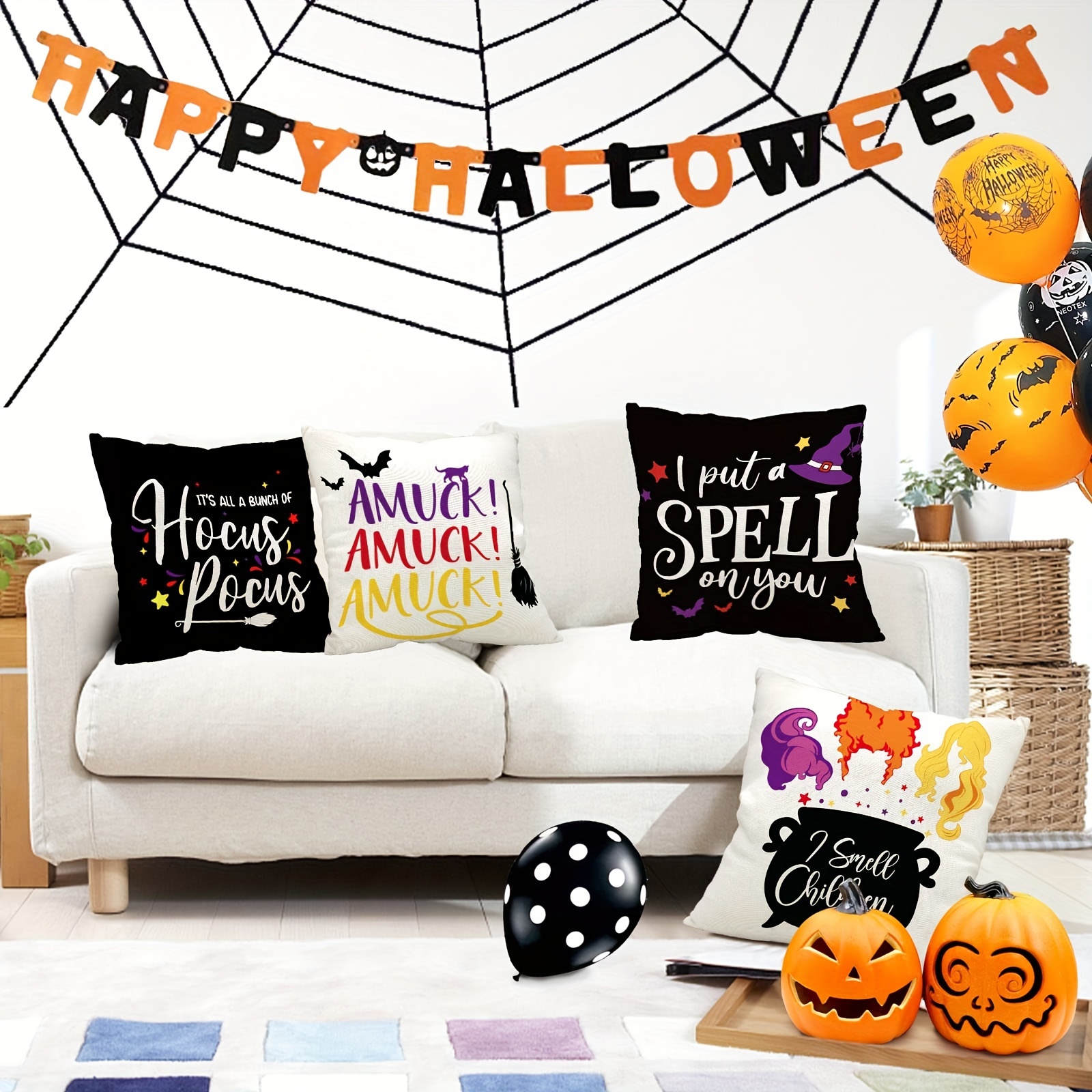 Halloween Geometric Linen Throw Pillow Cover with Zipper Closure - Image 2