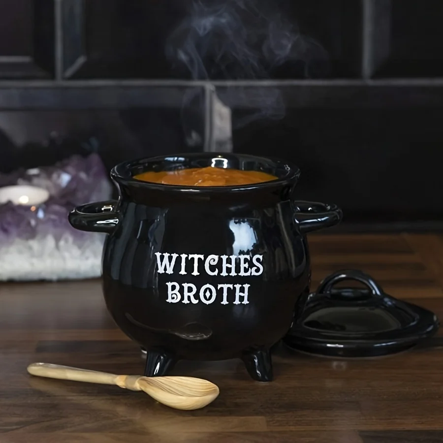 Witches Brew Cauldron Mug with Lid & Spoon Set - Large Ceramic Stockpot Mug