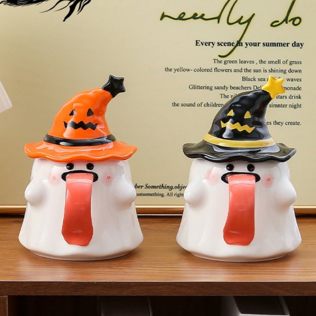 Halloween Ceramic Coffee Mug with Lid – Cute Imp Ghost Teacup for Breakfast or Tea (450ml)