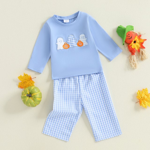 Toddler Boy Halloween Outfit Ghost Pullover & Plaid Pants