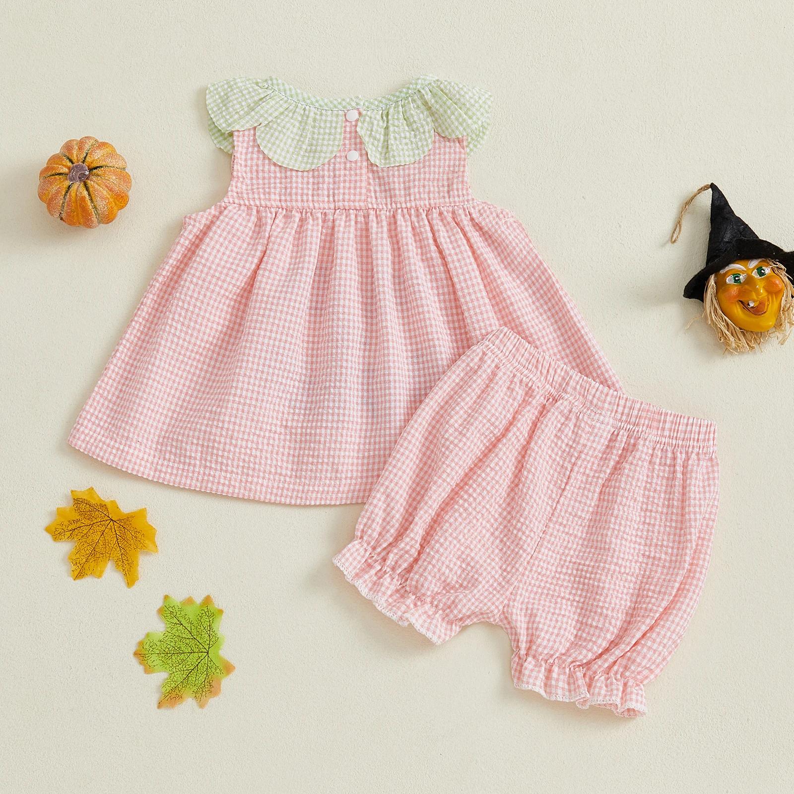 Baby Girl Halloween Outfit Pumpkin Plaid Tank Top and Elastic Shorts Set - Image 3