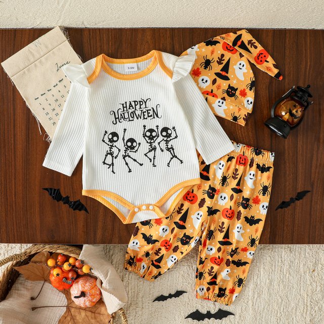 3Pcs Baby Fall Outfit Set with Halloween Print Romper, Pants & Hat