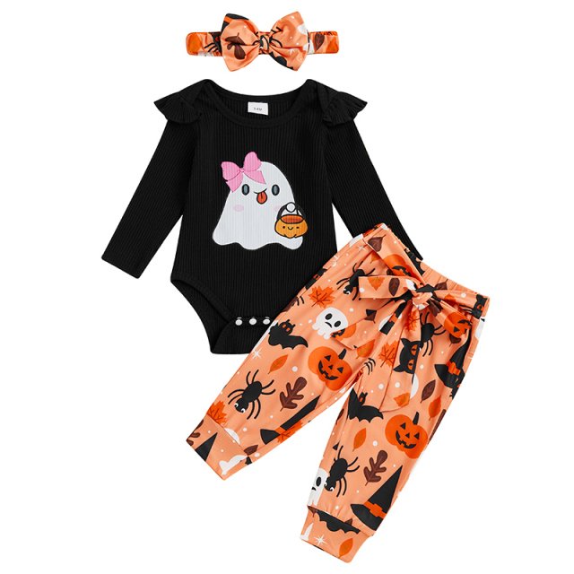 Baby Girl Halloween 3-Piece Outfit Romper Pants Bow Headband Set