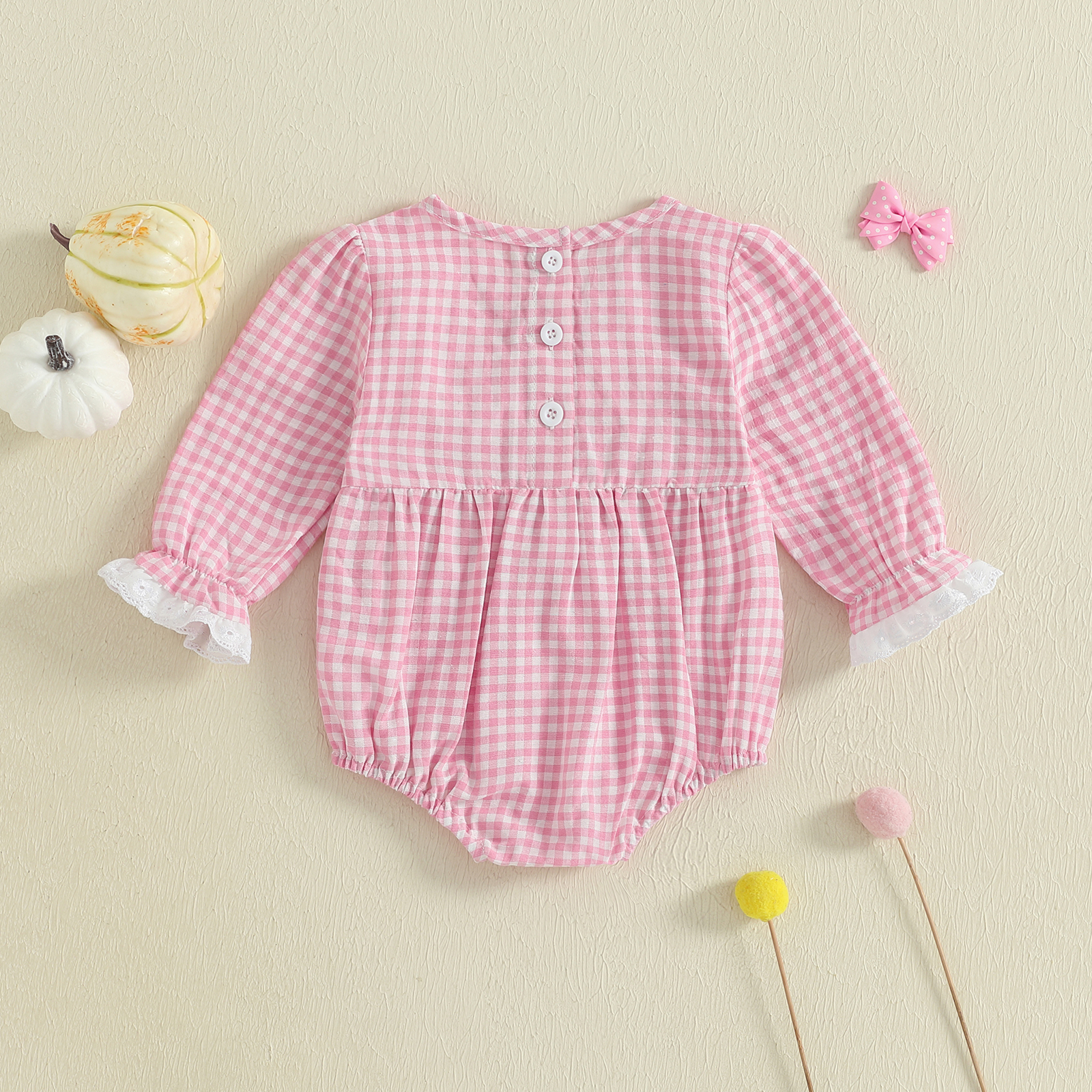 Baby Girl Halloween Plaid Romper – Long Sleeve Smocked Bodysuit for Fall - Image 2