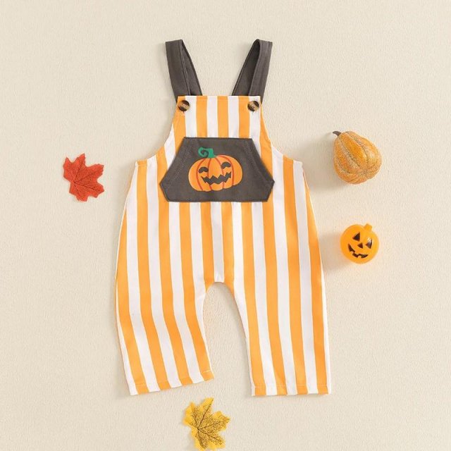 Baby Halloween Striped Pumpkin Overalls with Front Pocket - Unisex Sleeveless Jumpsuit