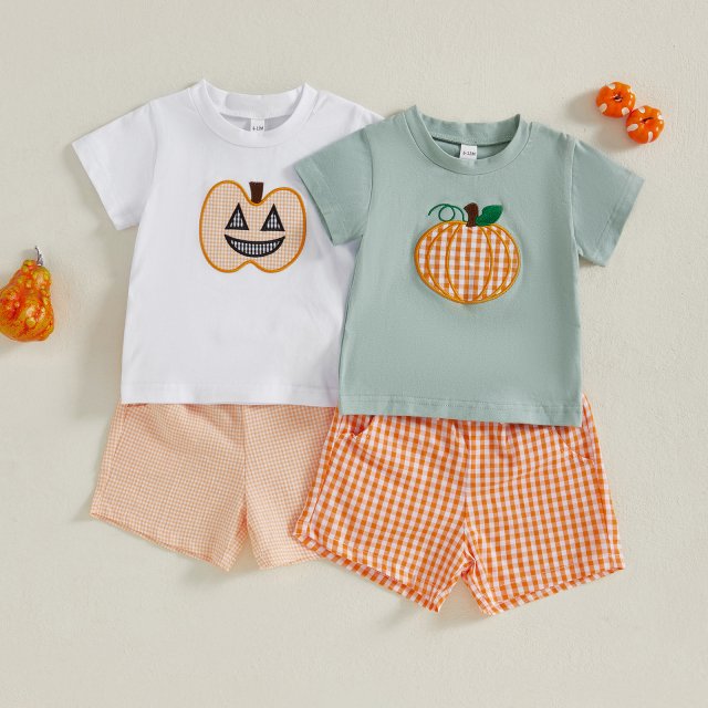 Baby Boys Halloween Outfit Pumpkin T-Shirt and Plaid Shorts Set