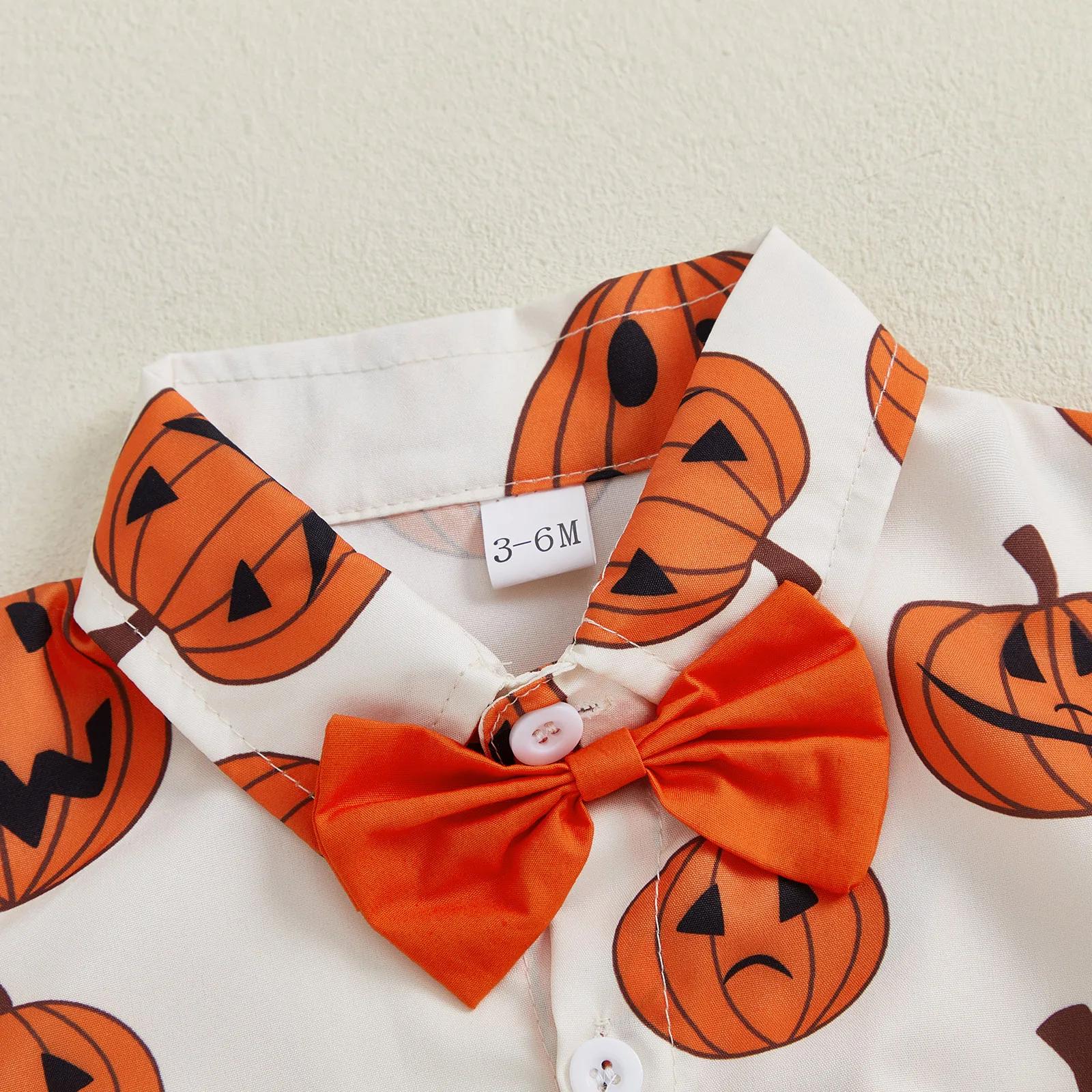 Infant Baby Boy Halloween Pumpkin Print Short Sleeve Gentleman Romper - Image 4