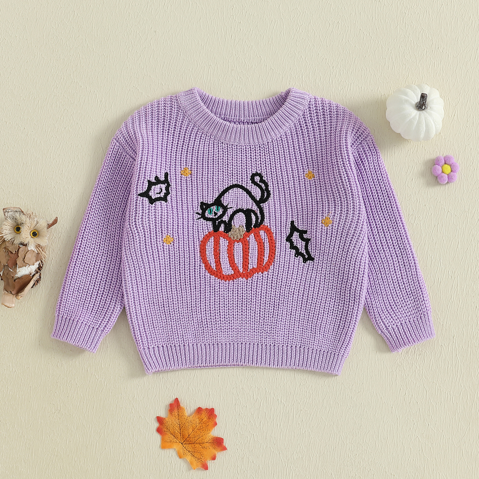 Girls Pumpkin Sweater Long Sleeve Crew Neck Warm Winter Halloween Outfit