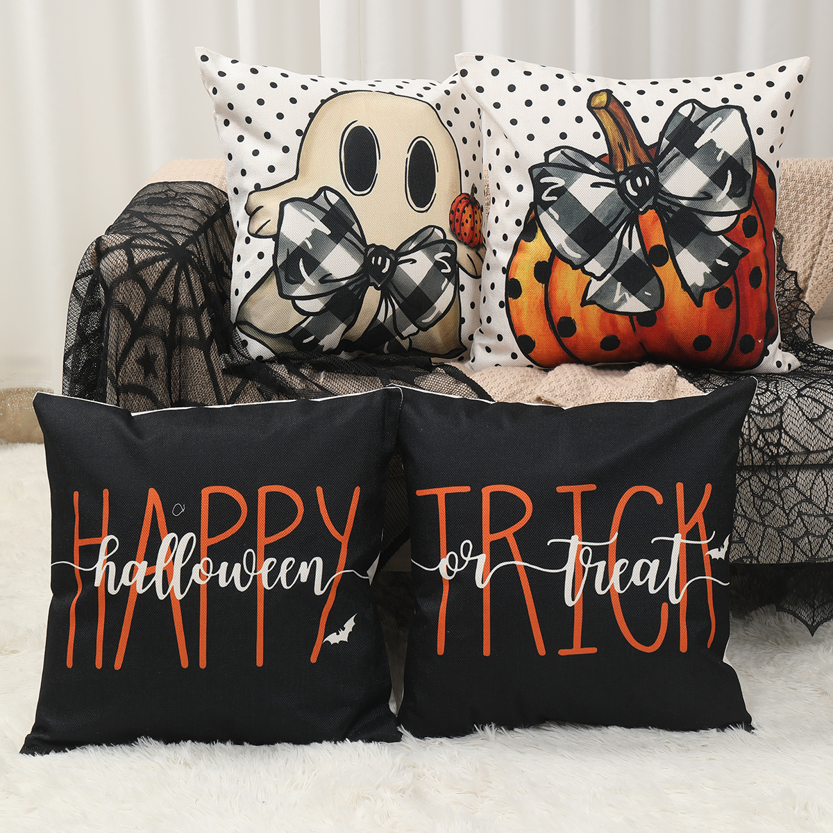 4pcs Halloween Pillow Covers with Ghost, Skeleton & Trick or Treat Designs - Image 2