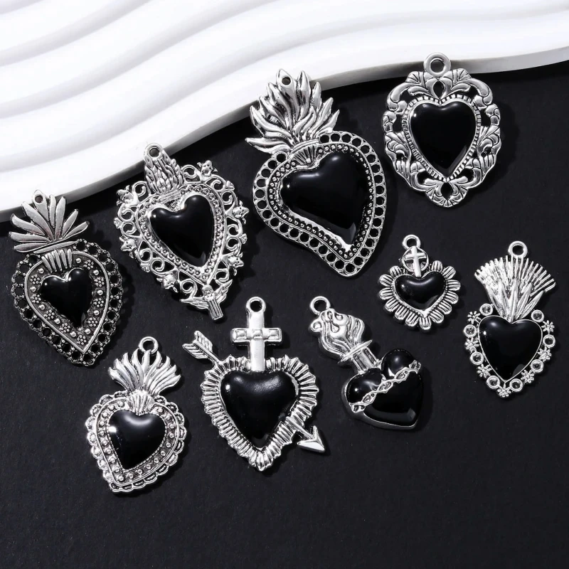 Gothic Enamel Heart Charms - 5pcs Set for DIY Jewelry Making