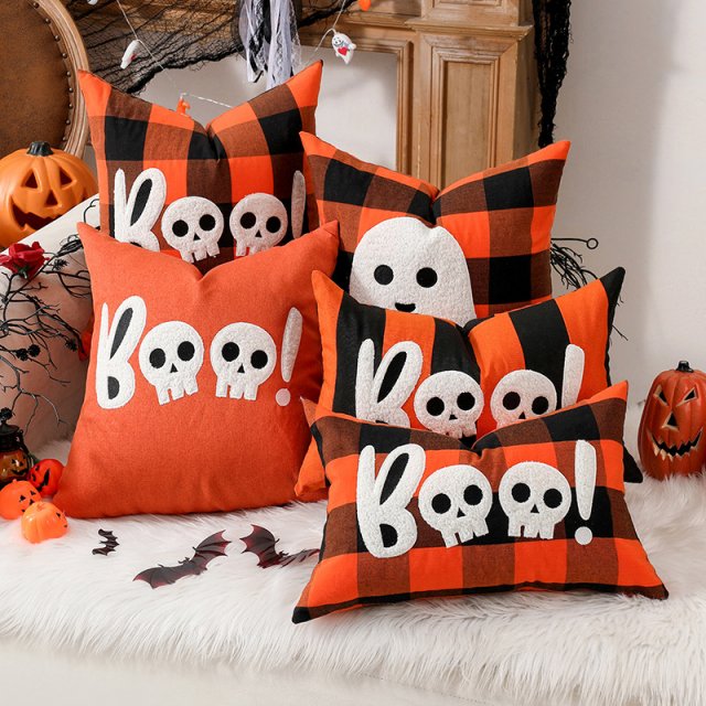 Orange Halloween Ghost Embroidered Cushion Cover – Spooky Decorative Pillowcase