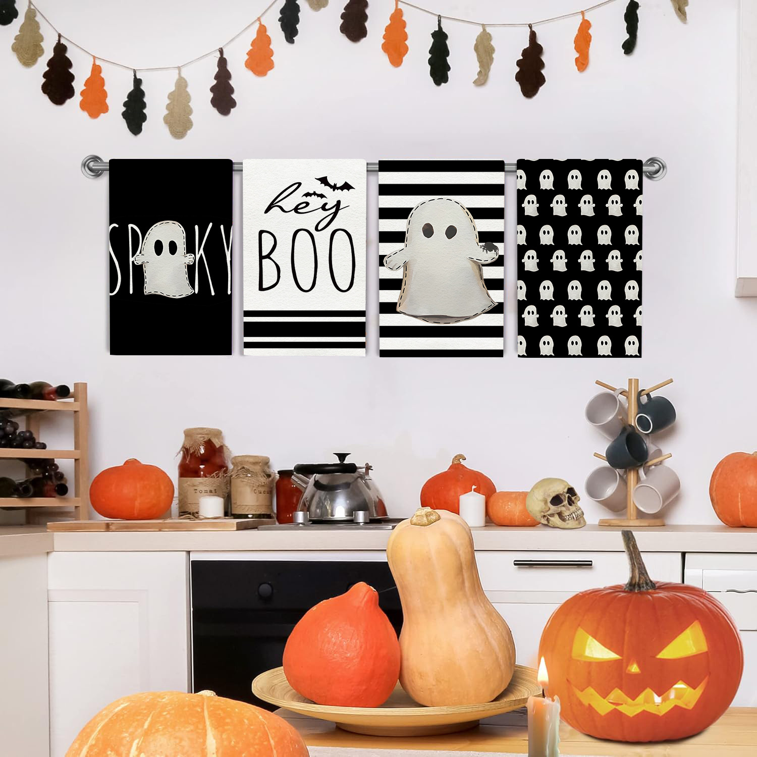 Spooky Black Ghost Halloween Kitchen Towels - Set of 4 - Image 2