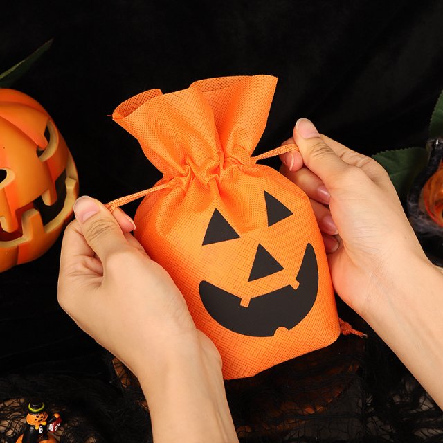 10pcs Halloween Pumpkin Drawstring Gift Bags – Non-Woven Party Favor Pouches
