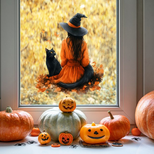 Halloween Witch and Black Cat Glass Showcase Wall Stickers