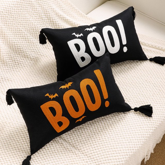 Halloween Bat Embroidered Pillow Cover 12x20in Cotton Cushion for Sofa & Bed