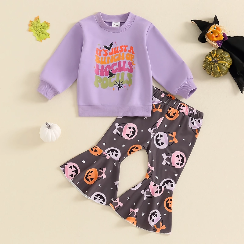 Toddler Baby Girls Halloween Letter Print Sweatshirt & Pumpkin Flare Pants Set - Image 2