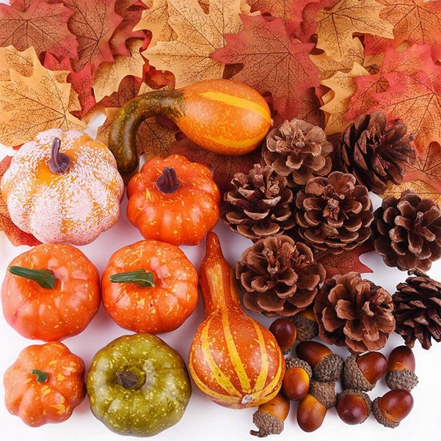 Artificial Pumpkins & Maple Leaves Fall Harvest Party Decoration Set