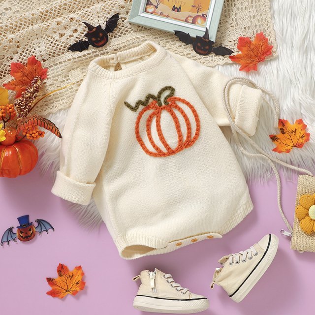 Halloween Pumpkin Baby Bodysuit Knit Romper - Cute Long Sleeve Jumpsuit for Infants 0-18M
